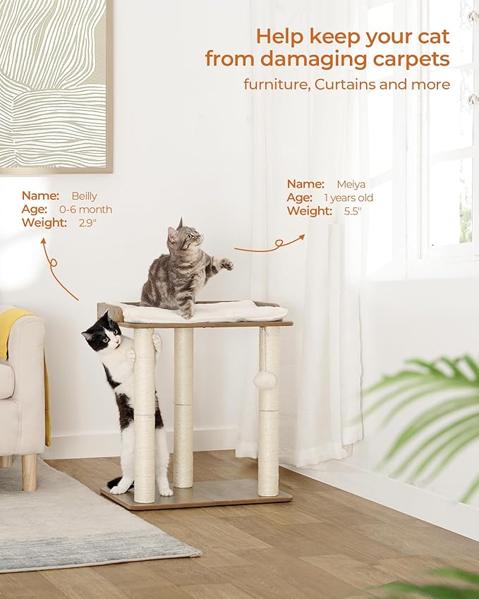 FourFurPets 22in Cat Tree Tower Condo, Cat Scratch Posts for Indoor Cats, Big Plate, Three 23.6in Full Sisal Scratching Posts, Greige-Mewly Pet
