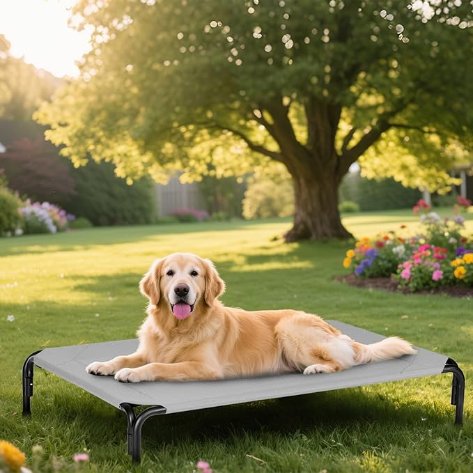 Elevated Dog Bed for Outdoor, XXXL Raised Dogs Cot with Washable Mesh, Cooling Pet Beds Chew Proof Dog Hammock, Metal Frame Lifted Platform for Training Outside Camping, 59 inch Grey-Mewly Pet