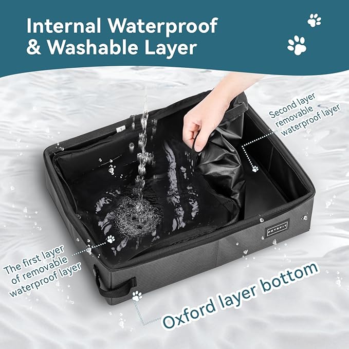PETSFIT Portable Cat Litter Box - Removable 2-Layer Leak-Proof Lining, Scratch-Resistant Fabric with Sturdy Support Frame, Travel & Collapsible Cat Litter Box Grey-Mewly Pet