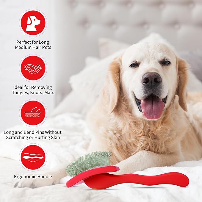 Dog Slicker Brush for Shedding and Grooming Medium or Long Haired Cats, Extra Long & Soft Pin Slicker Brush for Removes Loose Hair, Tangles, Knots, Undercoat, Free Pet Comb, Large Red-Mewly Pet