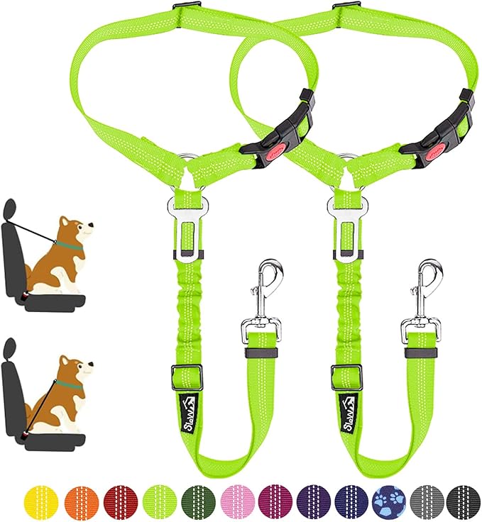 SlowTon Dog Seat Belt for Car, 2 Pack Dog Car Harness Seatbelt Adjustable with Elastic Bungee Buffer, 2 in 1 Pet Car Leash Headrest Restraint Dog Reflective Safety Tether (Lime, Headrest+Clip)-Mewly Pet