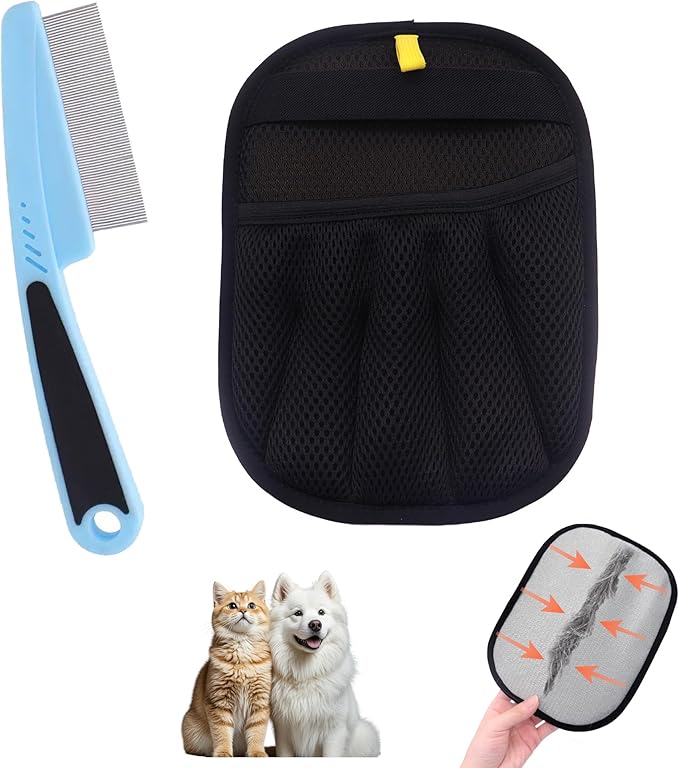 Electrostatic Pet Hair Remover Glove, Reusable Pet Hair Removal Glove for Dog & Cat Grooming, Double Sided Static Pet Hair Fur Remover Gloves for Clothing, Couch, Car Seat (2 gloves+1 flea comb)-Mewly Pet