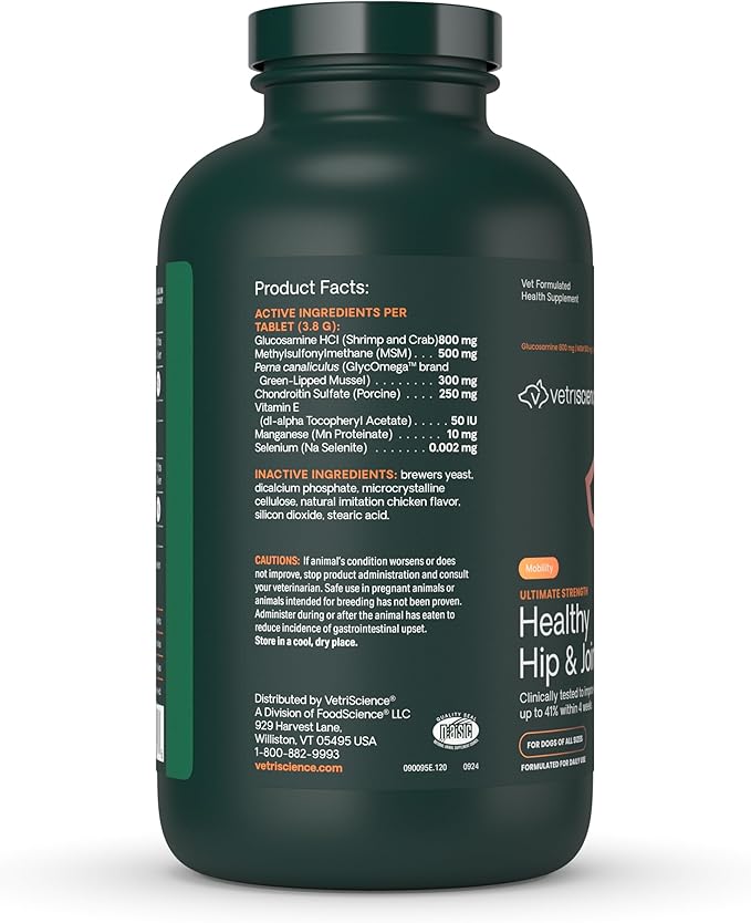 VetriScience Ultimate Strength Healthy Hip & Joint Chewable Tablets, GlycoFlex Glucosamine, Chondroitin and Green-Lipped Mussel Joint Supplement for Dogs, Soothe Joint Discomfort, Chicken, 120 Count-Mewly Pet