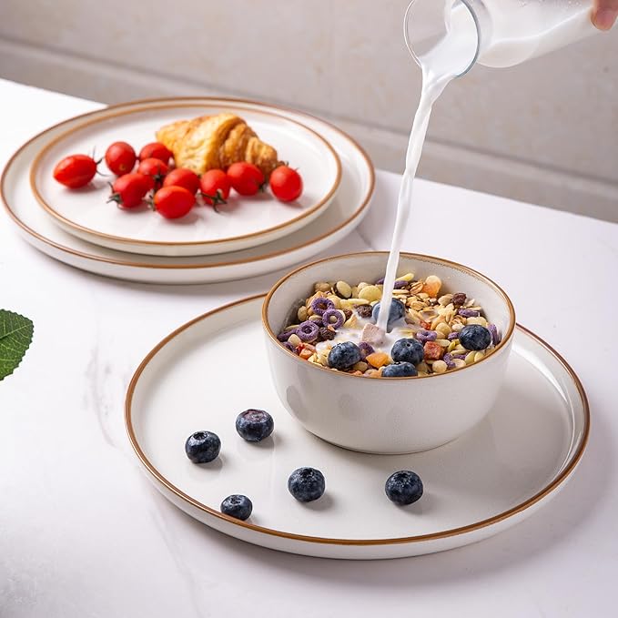 GBHOME Ceramic Dinnerware Sets for 4, 12 Pieces Stoneware Plates and Bowls Sets, Scratch Resistant Dishes, Dishwasher & Microwave Safe, Reactive Glaze-White-Mewly Pet