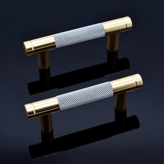 Knurled Cabinet Pulls 12 Pack, 3.5 Inch Long Cabinet Handles Metal Door Pulls, Kitchen Drawer Pull Knurled Dresser Handles - 2 1/2" Hole to Hole, Grey & Gold