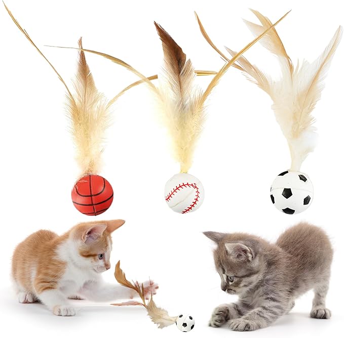 6 Pcs Feather Ball Cat Toy,Interactive Feather Bouncy Ball Toy Set for Cats,Mini and Elastic,Suitable for Pets to Play Indoors and Outdoors-Mewly Pet