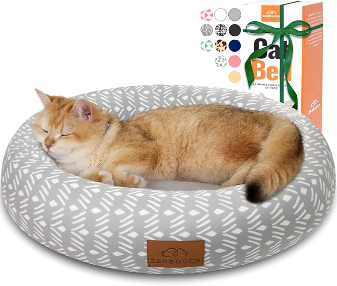 Cat Bed, 20In Dog Beds for Small Dogs, Calming Cat & Dog Beds for Indoor Pets, Pet Beds Comfortable Donut Round Ultra Soft (Grey Pattern, 20.0" L x 20.0" W x 6.5" Th)-Mewly Pet