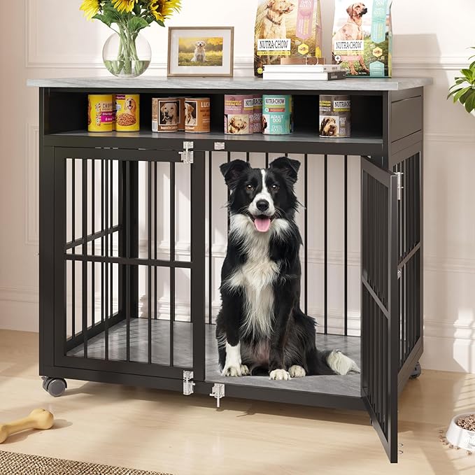 39.4" Dog Crate Furniture for Medium and Large Breed, Dog Kennel Furniture with Storage Shelf & Lockable Wheels, Heavy Duty Wooden End Side Table Pet Cage Indoor, Chew-Resistant, Grey-Mewly Pet
