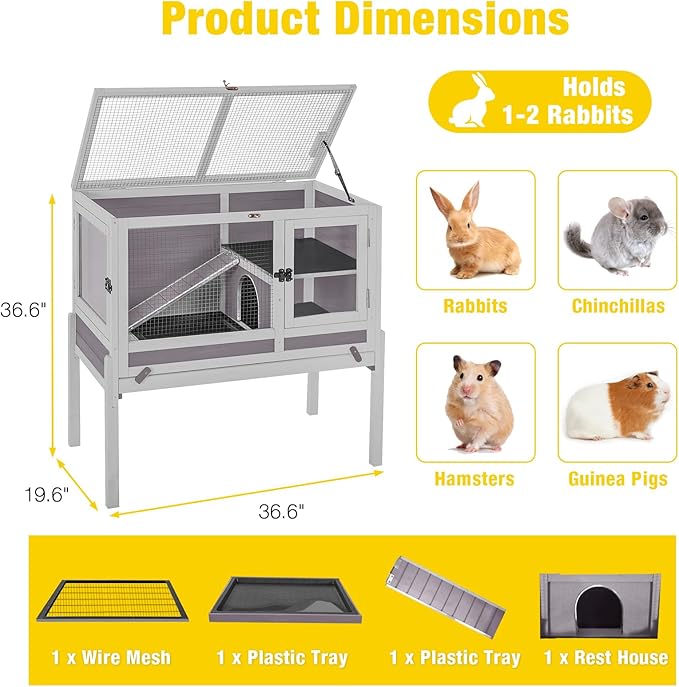 Aivituvin 2-Story Rabbit Hutch with Anti-Chew Ramp & Zinc Sheet - 36.6" Indoor Guinea Pig Cage, Wooden Stand, Pull-Out Tray & Leakproof Floor (Grey)-Mewly Pet