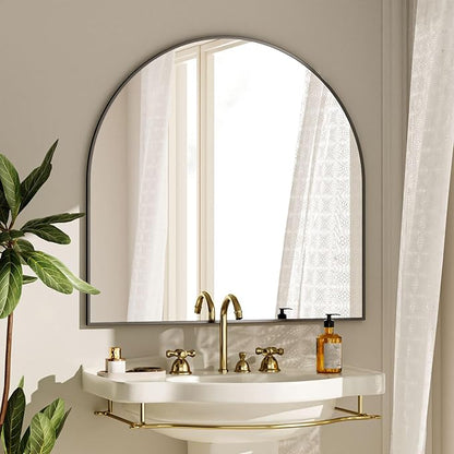 VooBang Wide Arched Wall Mirror, 31 x 32 inch Arch Bathroom Mirror, Wall Mounted Vanity Mirror with Arch Metal Frame, Modern Bathroom Vanity Mirror for Bedroom, Living Room, Hanging or Leaning, Black