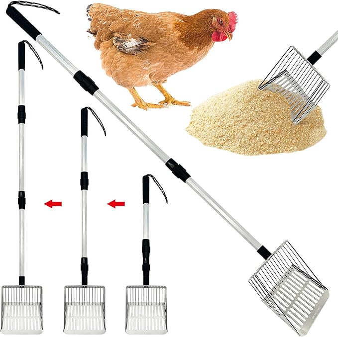 PINVNBY Stainless Steel Chicken Poop Scooper 3 in 1 Adjustable Long Handle Poop Scooper for Chicken(21.8" to 38.6") Multifunctional Chicken Coop Cleaning Tools Sifting Shovel Chicken Coop Accessories-Mewly Pet
