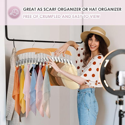 Leggings Hangers, Wooden Closet Hanging Leggings Storage Organizer Scarf Hangers with 24 Clips, 360° Swivel Hook, Burlywood, 2 Pcs