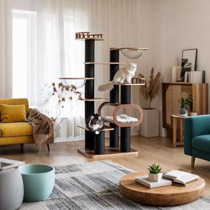 70.8'' Tall Luxury Cat Tree,All i,ne One Black Walnut Wood Modern Cat Tower for Indoor Large,Huge Multi-Level Cat Furniture with Scratching Posts,Condo,Cushion,Clear Bowl,Platform for Home Decoration-Mewly Pet