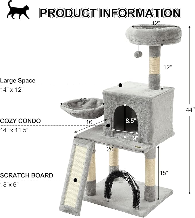 HOOPET 44IN Cat Tree for Indoor Cats - Multi-Level Cat Tower with Hammock, Condo, Scratching Posts, Self-Grooming Brush & Play Ball - Space-Saving Cat Furniture for Small Apartments-Mewly Pet