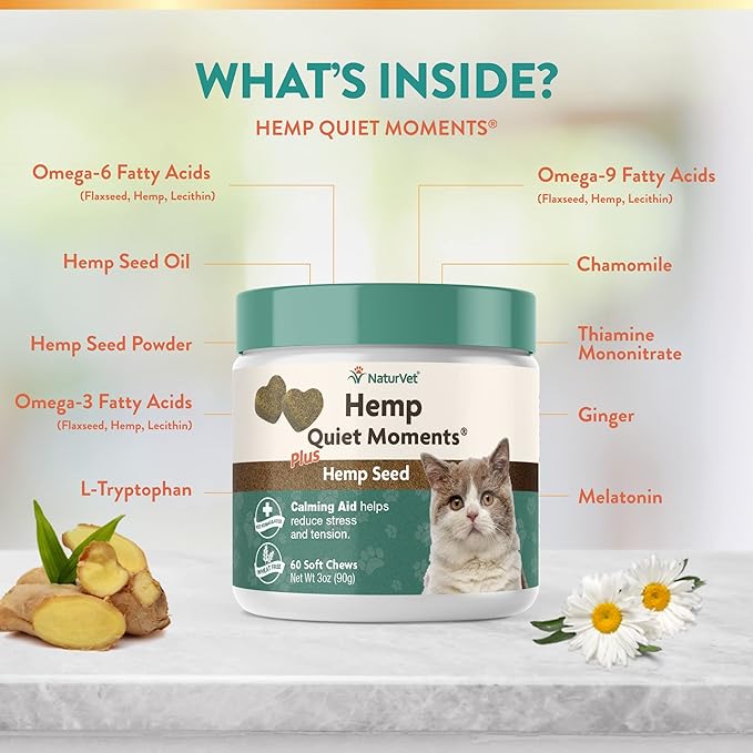 NaturVet Hemp Quiet Moments Plus Hemp Seed for Cats, 60 ct Soft Chews, Made in USANaturVet Quiet Moments Herbal Calming Spray, 8 Ounce- Feline-Mewly Pet