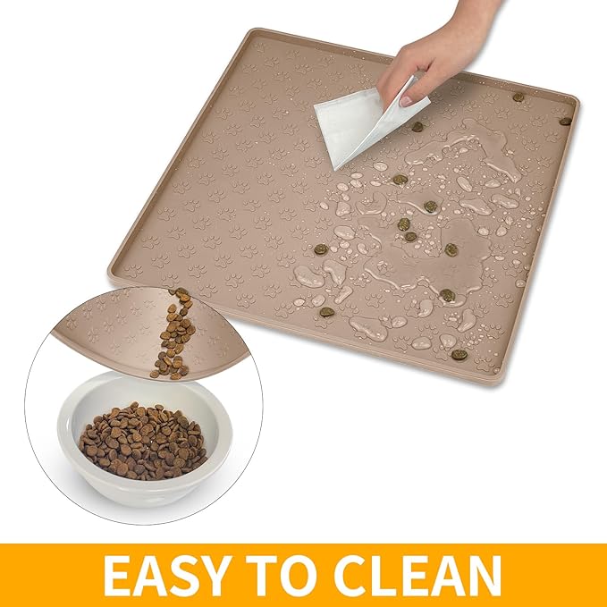 Ptlom Dog Food Mat Anti-Slip Bowl Mats for Food and Water, Waterproof Silicone Pet Placemat with High Raised Edges, Non-Slip Puppy Feeding Tray for Small, Medium Large Cats Dogs, Taupe, 11.8"x11.8"-Mewly Pet