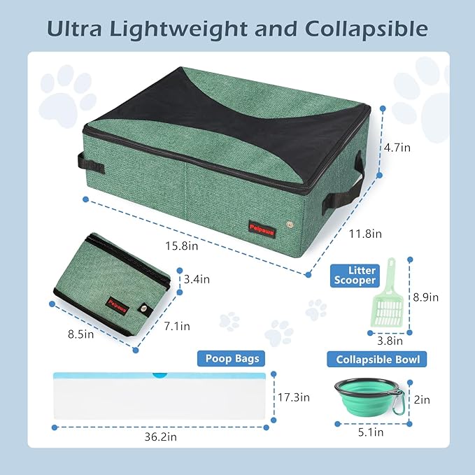Portable Cat Travel Litter Box. Zipped Lid, Collapsible Litter Box for Cats. No Leakage, No Smell. Easy to Carry. Used for Hotels, Camping, Car (Green, M)-Mewly Pet