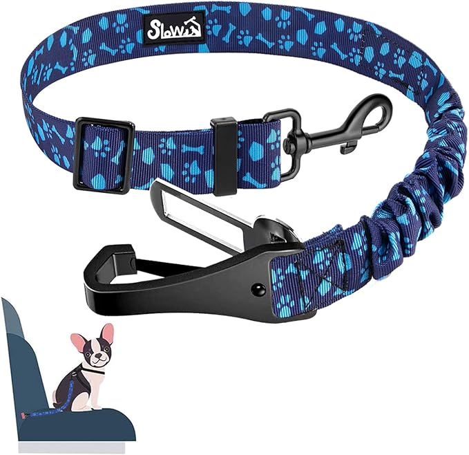 SlowTon Dog Seat Belt, Adjustable Dog Safety Belt Leash, 2 in 1 Latch Bar Attachment Dogs Car Seatbelt with Elastic Nylon Bungee Buffer, Reflective Nylon Belt Tether Connect (BL Dog Paw)-Mewly Pet