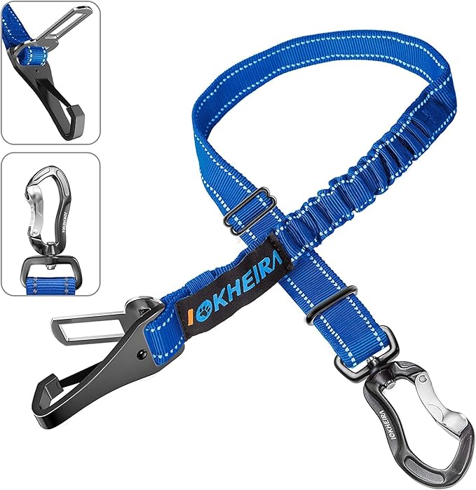 IOKHEIRA Dog Seatbelt - Adjustable Reflective Bungee Car Seatbelt with Aluminum Swivel Carabiner-Mewly Pet