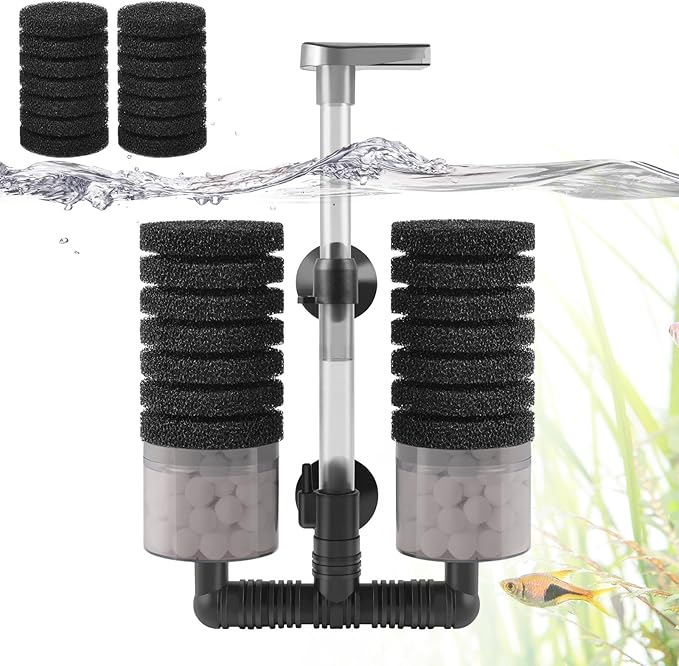 Air Powered Aquarium Sponge Filter with Biochemical Sponge and Ceramic Balls, Quiet Submersible Fish Tank Filter for 8-20Gallon (M-6.7in)-Mewly Pet