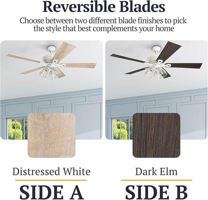 Prominence Home Glenmont, 52 Inch Farmhouse LED Ceiling Fan with Light, Pull Chain, Three Mounting Options, Dual Finish Blades, Reversible Motor - 50389-01 (Distressed White)
