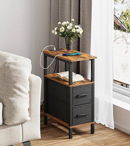 Narrow Side Table for Small Spaces, Skinny End Table with Charging Station, Sofa Beside Table with 2 Drawers 1 Open Compartment, Slim Nightstand with USB Ports Outlet, Rustic and Brown UTBT004F