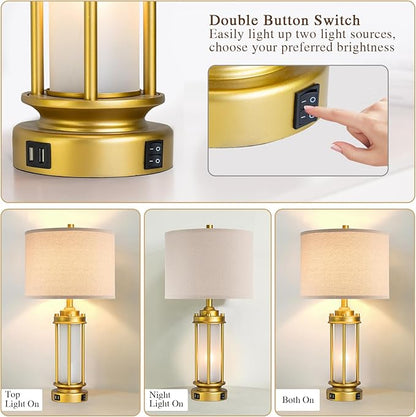 Set of 2 Modern Table Lamps for Living Room, Farmhouse Vintage Bedside Lamp with 2 USB Ports Glass Nightlight, Gold Nightstand Desk Lamps for Entryway Bedroom Dresser, 4 Bulbs Included