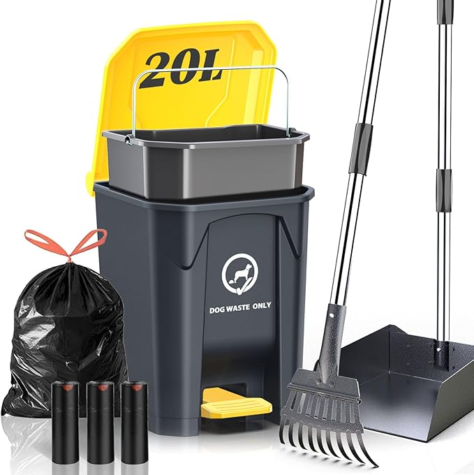 Outdoor Dog Poop Trash Can with Pooper Scooper & 60 Free Poop Bags -15 L/4 Gallon Dog Waste Trash Can Pet Waste Disposal Station with Inner Bucket - Metal Dog Pooper Scooper Great for All Sized Dogs-Mewly Pet