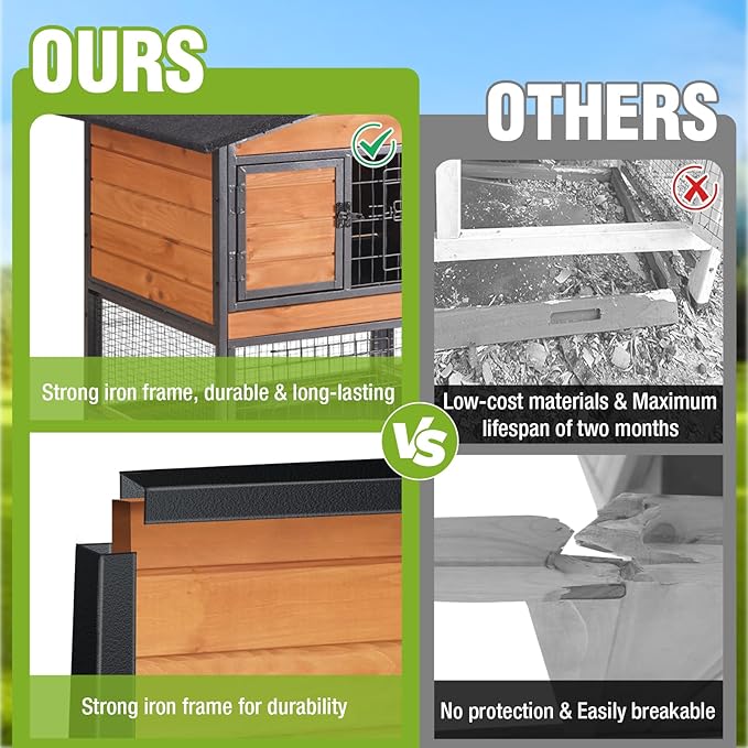 GUTINNEEN 2-Story Rabbit Hutch with Chew-Proof Full Metal Frame for Indoor/Outdoor - 62" Bunny Cage with 6 Locking Casters & 2 Pull-Out Trays for Rabbits, Guinea Pigs, Small Pets (Brown)-Mewly Pet