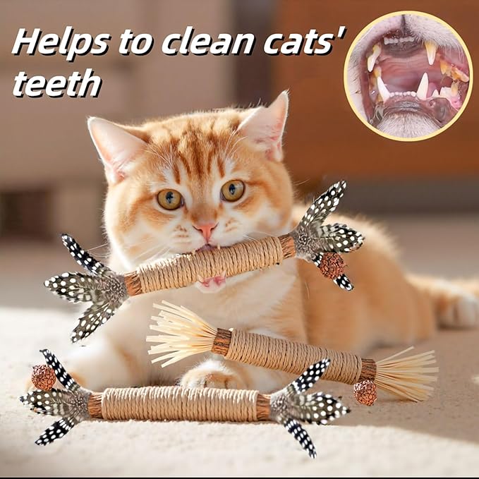 Cat Toys, 3PCS Catnip Toy for Indoor Kitten Treat Cats Chew Stick for Dental Cleaning Teeth Kitten Silvervine Rope Kitty Feather Snack for for Kick Molar Scratch Self Play Interactive Boredom-Mewly Pet