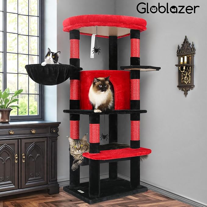 Globlazer Gothic Corner Cat Tree Tower with Scratching Post for Indoor Cats, 51inch Goth Cat Condo Tower with Large Hammock, Fan-Shaped Padded Perch, Spacious Cat Cave, Hanging Basket, C51, Red Black-Mewly Pet