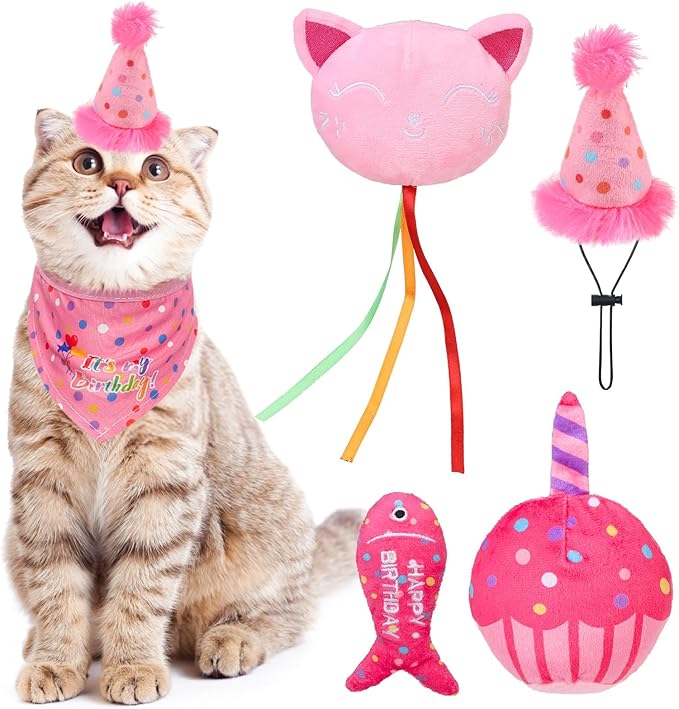 BINGPET Catnip Toys for Indoor Cats, Cat Birthday Hat and Interactive Plush Kitten Chew Toys - Cute Cake, Fish, Balloon Toys with Crinkle Paper and Catnip Inside Pink-Mewly Pet
