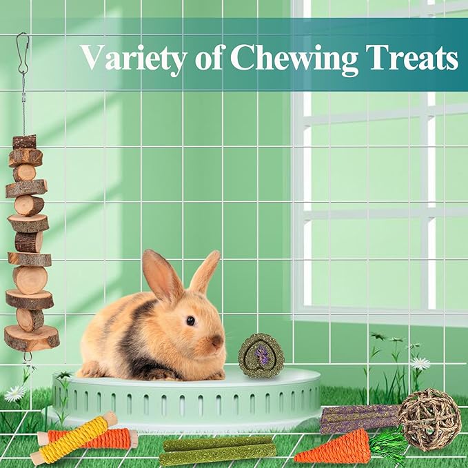 HERCOOCI 18Pcs Rabbit Chew Toys, Bunny Treats and Ball Timothy Hay Stick Toys for Rabbit Bunny Guinea Pig Chinchilla Hamster Teeth Care-Mewly Pet