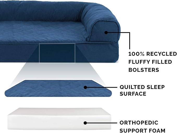 Furhaven Orthopedic Dog Bed for Large Dogs w/ Removable Bolsters & Washable Cover, For Dogs Up to 125 lbs - Quilted Sofa - Navy (Blue), Jumbo Plus/XXL-Mewly Pet
