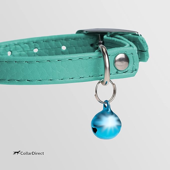 CollarDirect Leather Cat Collar, Cat Safety Collar with Elastic Strap, Kitten Collar for Cat with Bell Black Blue Red Orange Lime Green (Neck Fit 6"-7", Mint Green)-Mewly Pet