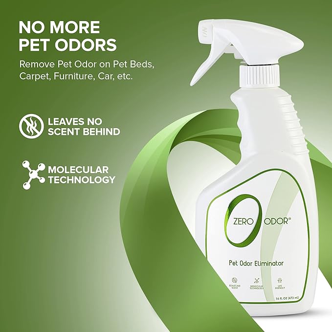 Zero Odor - Pet Odor Eliminator for Strong Odor, Eliminate Air & Surface Odors – Patented Molecular Technology Best For Carpet, Furniture, Beds Smell Great Again (Over 400 Sprays Per Bottle)-Mewly Pet