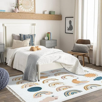 Boho Rug Hand Drawn Cute Rainbows Moon Sun Scandinavian Chic Area Rug Washable Hallway Runner Rug Meditation Mat Minimalist Home DecorLiving Room Bedroom Nursery Playroom Classroom, 4'x6