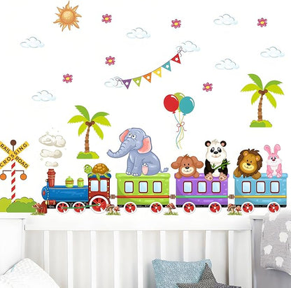 Jungle Animal Wall Stickers Train Elephant Panda Lion Rabbit Safari Wall Decals Kid Room Nursery Baby Bedroom Decor