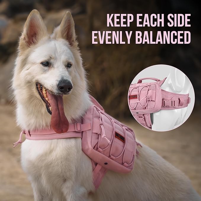 ONETIGRIS Dog Backpack for Medium & Large Dogs, Nylon Backpack for Dogs Tactical Pet Backpack with Side Pockets for Hiking Walking Training Running (Pink, Medium)-Mewly Pet