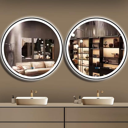 36 Inch Black Frame Round LED Bathroom Mirror Anti-Fog Smart Memory 3 Color Adjustable Brightness Frontlit 36" Black Framed Circle Round Lighted Vanity Mirror for Bathroom Wall Mounted