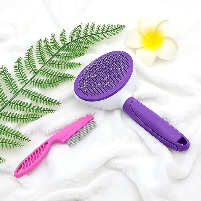 Cat Brush for Shedding, Cat Hair Brush with Release Button for Indoor Cats Dogs Self Cleaning Grooming(Purple)-Mewly Pet
