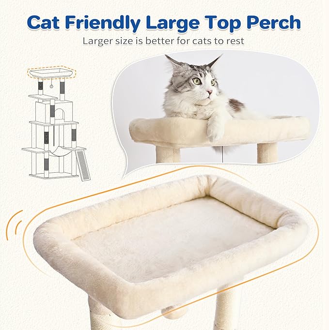 Cat Tree Tower 63in Multi-Level Cat Tower for Indoor Cats with Sisal Scratching Posts, Condo, Hammock, Dangling Ball and Extended Platform for Cats to Play, Beige-Mewly Pet