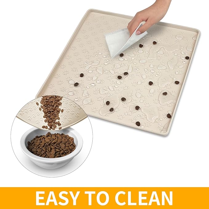 Ptlom Pet Placemat for Dog and Cat, Waterproof Non-Slip Silicone Feeding Bowl Mat Prevent Food and Water Overflow, Puppy Dish Feeder Fountain Trays Suitable for Medium and Small Pets, Beige-Mewly Pet