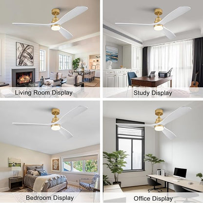 BOJUE 60 Inch Wood Ceiling Fans with Lights and Remote, White Gold Outdoor Ceiling Fan with Light, Dimmable 3 Blades Outdoor Fans for Patios Noiseless Modern Ceiling Fans for Bedroom Living Room