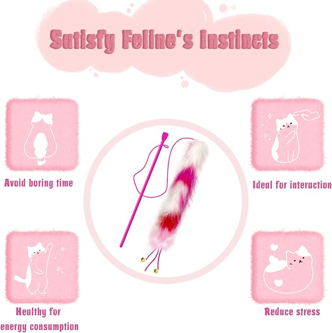 3 Pack Cat Wand Toy, Rainbow Cat Feather Toys with Bells, Teaser Wand with Soft Furry Tail, Interactive Toys for Indoor Cats & Kitten & Kitty-Mewly Pet