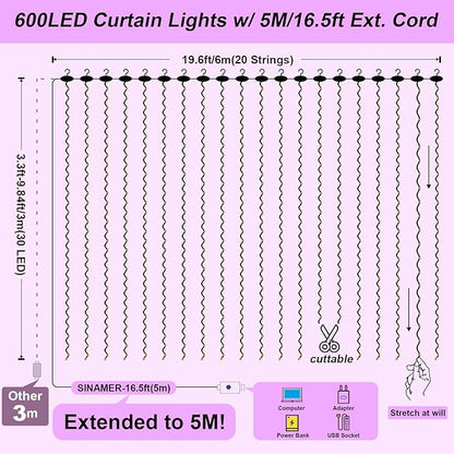 600LED Purple Curtain Lights for Bedroom, 19.6ft x 9.8ft Fairy Curtain String Light with 24 Hooks, 8 Modes Hanging Lights for Wedding, Party, Backdrop, Window, Xmas Decor