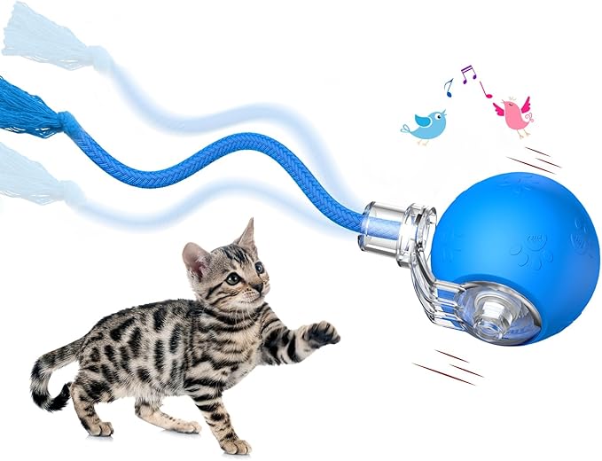 Interactive Cat Toys, Automatic Moving Cat Toys for Bored Indoor Adult Cats, Fast Rolling, Chirping & Motion-Activated Kitty Toys, Fun Gift for Cats with Speedy Tail 2.0, USB Rechargeable, Blue-Mewly Pet
