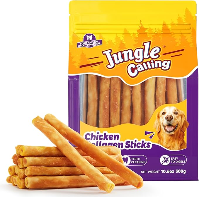 Jungle Calling Dog Treats, Chicken Beef Collagen Sticks, Chew Bones Treat for Small Medium Breed Moderate Chewers, Bully Stick, Long Lasting High Protein Easy to Digest, 5 Inch 10.6 oz-Mewly Pet