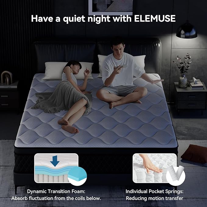 ELEMUSE Queen Mattress, 10 Inch Hybrid Memory Foam Mattress in a Box, Pressure Relieving Comfort, Individual Pocket Springs for Motion Isolation, Medium Firm, CertiPUR-US Certified, Fiberglass Free