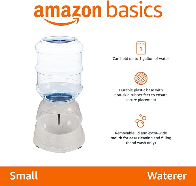 Amazon Basics Gravity Pet Water Dispenser for Cat, Dog, 1 gallon Capacity, Small, Gray-Mewly Pet